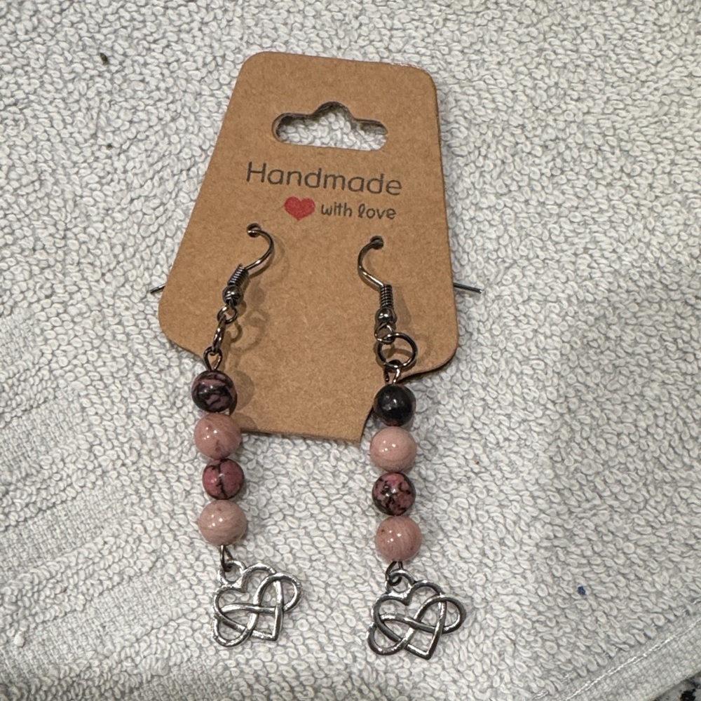 Handmade Rhodonite Stone Dangle Earrings with Heart Charm